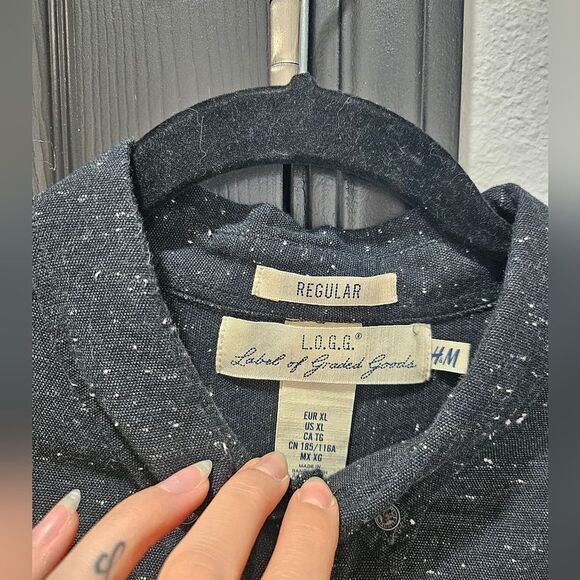 L.O.G.G H&M Mens Speckled 100% Cotton Dark Gray Button Down Long Sleeve Size XL - Picture 3 of 5